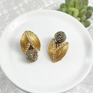 Vintage Gold & Rhinestone Tulip Clip Earrings